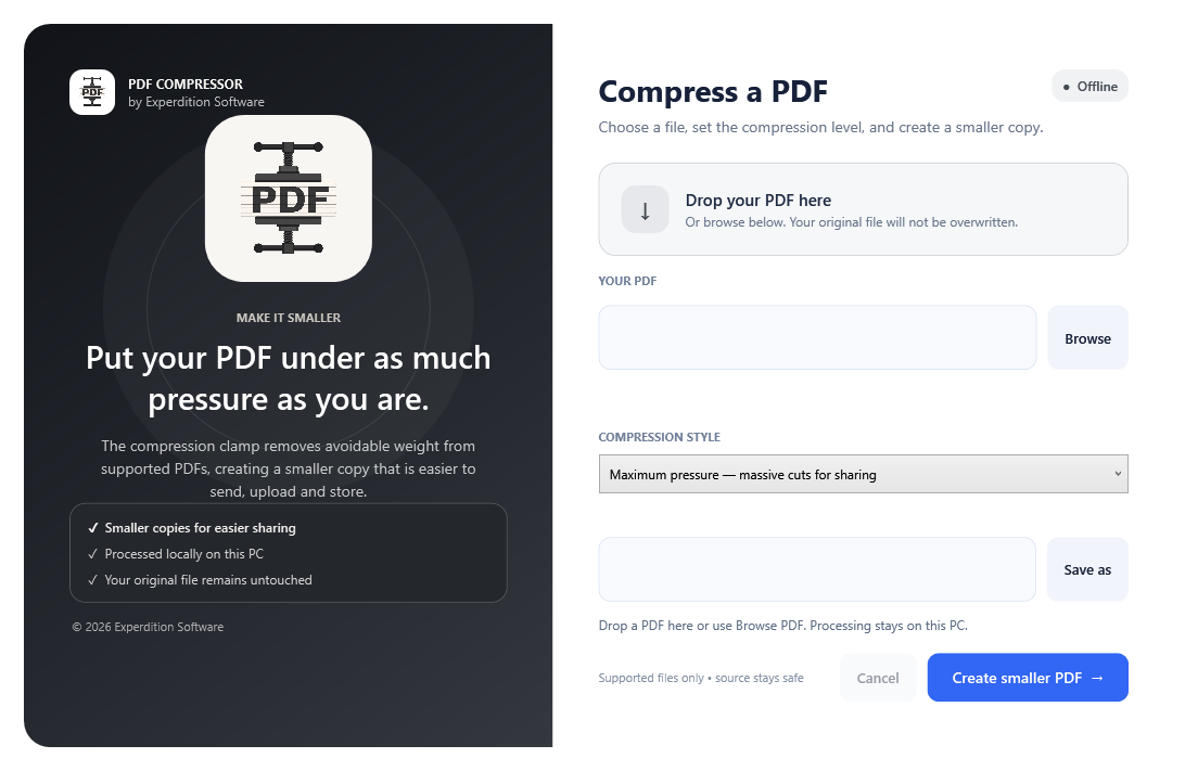 PDF Compressor before any documents are loaded.