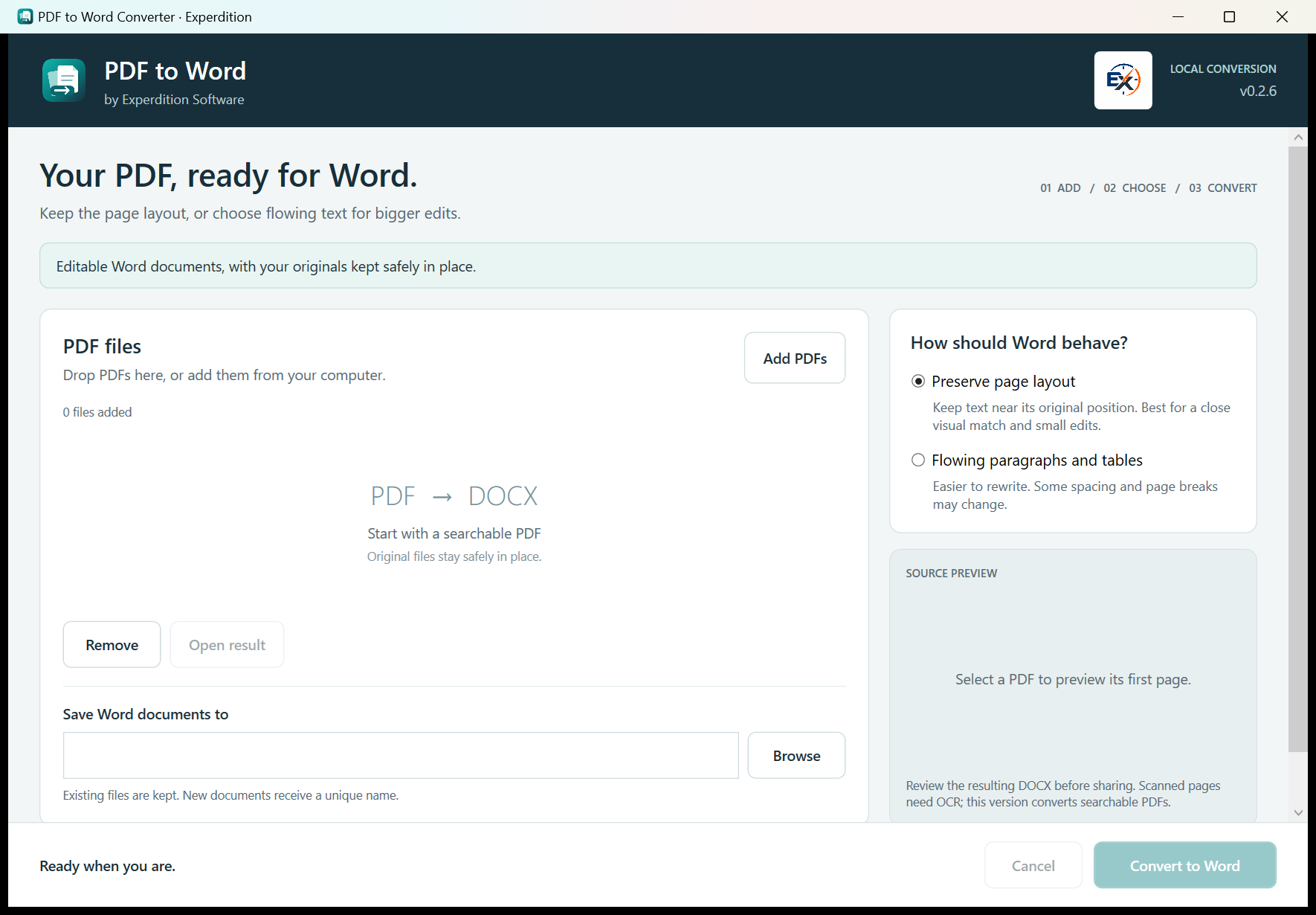 PDF to Word Converter before documents are added.