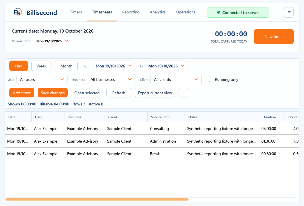 Billisecond Timers timesheet using fictional Example and Sample records.
