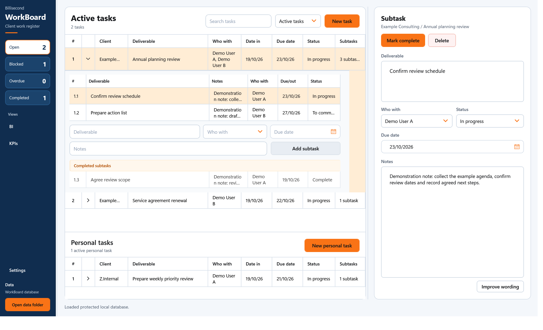 WorkBoard task register with fictional demonstration tasks and subtasks.